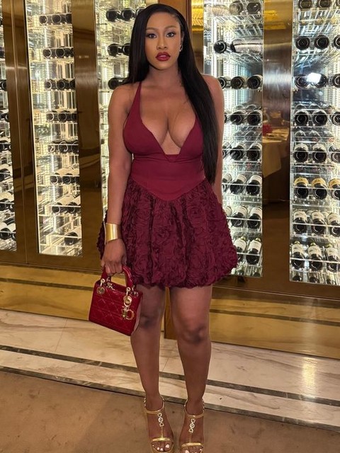 ASOS LUXE 3d flower halter mini dress in dark cherry