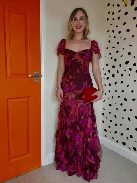 ASOS DESIGN Petite flutter sleeve maxi dress with ruffle godets in bright pink floral print