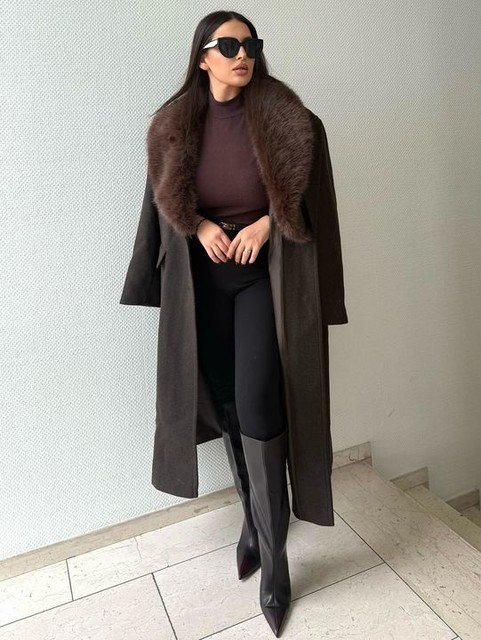 ASOS DESIGN wool blend dad coat with faux fur collar in chocolate