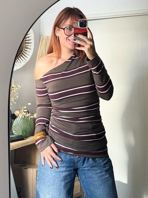 ASOS DESIGN long sleeve off shoulder corset waist tee in khaki stripe