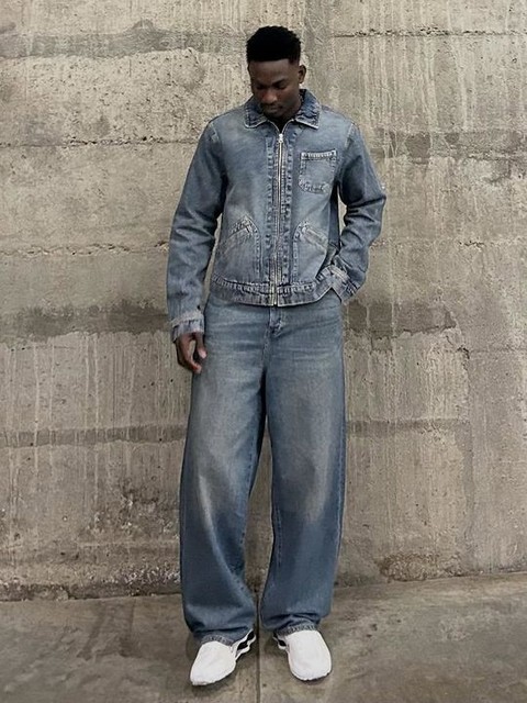 ASOS DESIGN denim boxy harrington jacket in mid wash blue