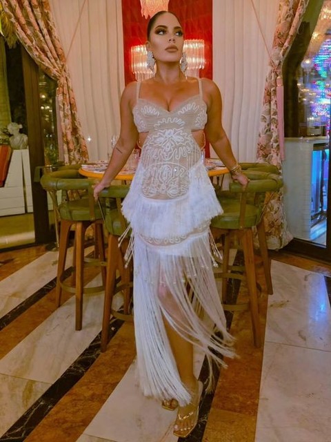 ASOS DESIGN cupped embellished cut out maxi dress with fringing in stone