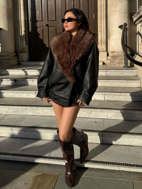 ASOS DESIGN leather look shawl collar faux fur collar bomber jacket in black