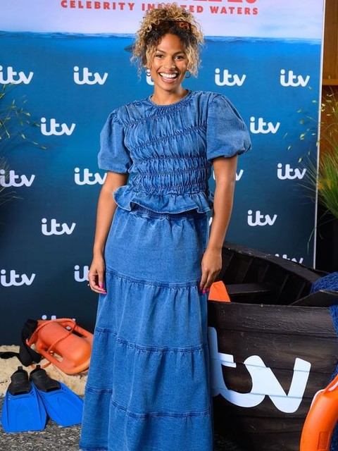 Reclaimed Vintage tiered maxi skirt co-ord in blue denim wash