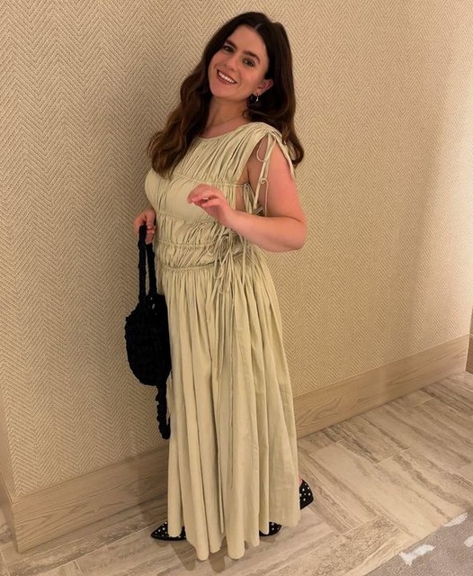 ARRANGE clean cotton drawstring detail trapeze midi dress with pockets in washed sage