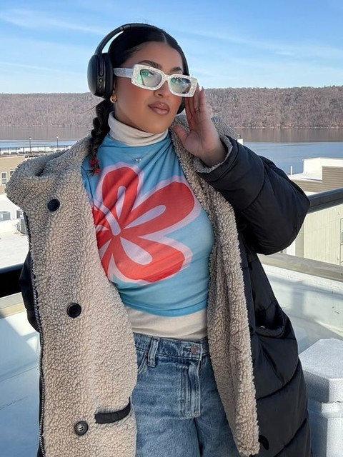 COLLUSION sheer placement print mesh funnel neck top