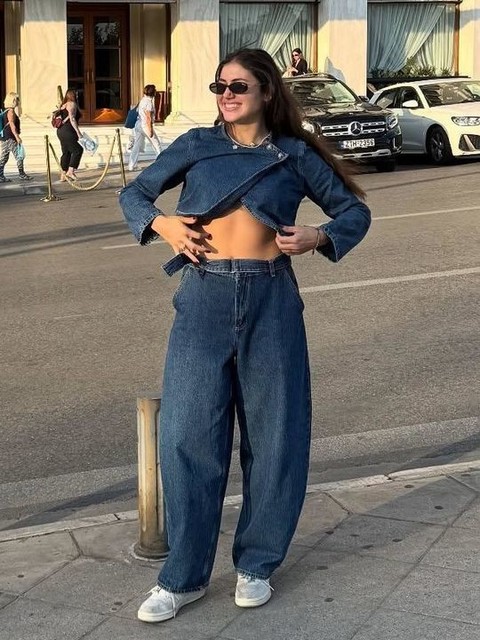 ASOS DESIGN barrel leg jeans in dark mid blue co-ord