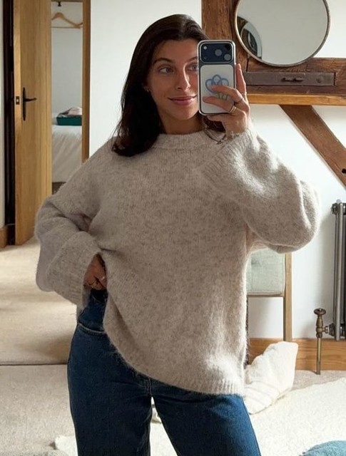 Topshop knitted boxy fluffy crew oversized jumper in oat