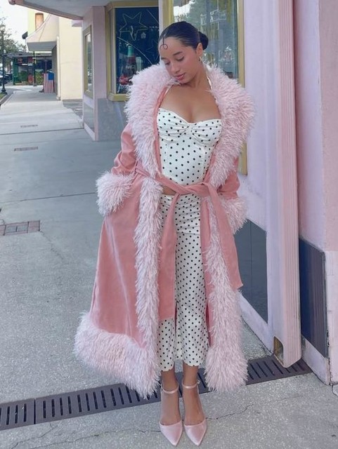 Kaiia exclusive faux fur trim penny lane maxi coat in dusky pink