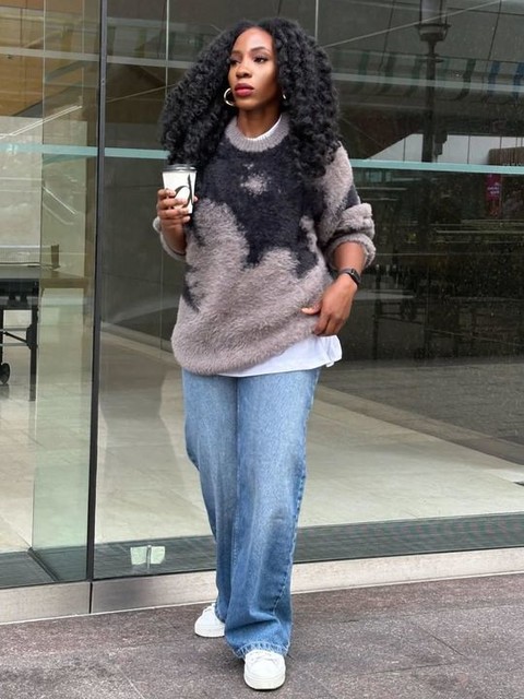 ASOS DESIGN relaxed fluffy knitted jumper in black and grey abstract print