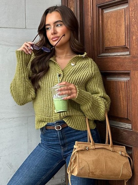 ASOS DESIGN knitted fisherman rib cardigan with raglan detail in olive