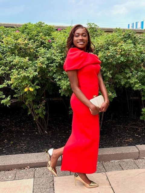 ASOS DESIGN scuba structured puff sleeve bandeau midi dress in red