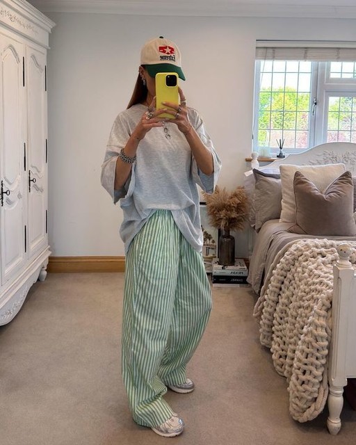Topshop poplin pull on wide leg trouser in green stripe