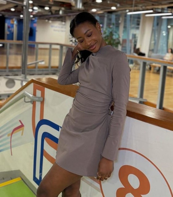 ASOS DESIGN bengaline high neck long sleeve mini dress with ruching detail in mushroom