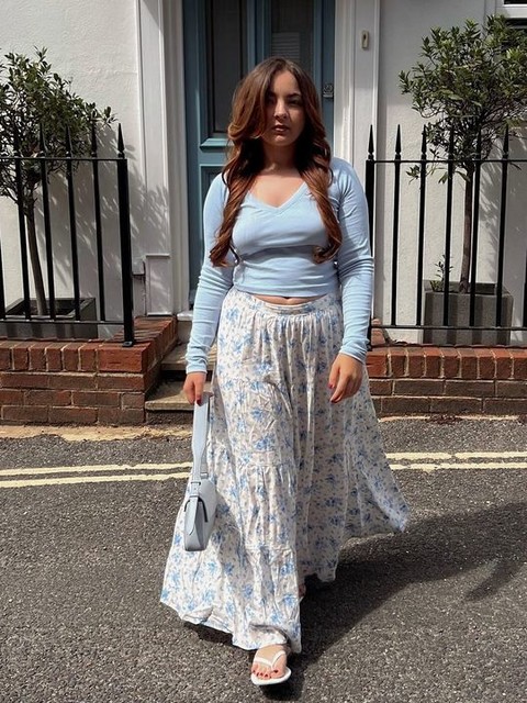 Miss Selfridge Side Split tiered maxi skirt in  blue floral