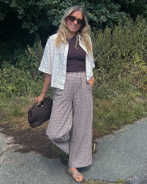 ASOS DESIGN wide leg pants in brown gingham