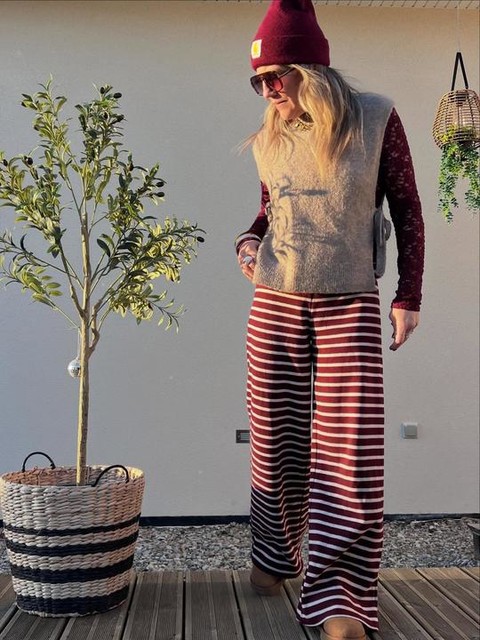 ASOS DESIGN brushed striped wide leg pants in burgundy - part of a set