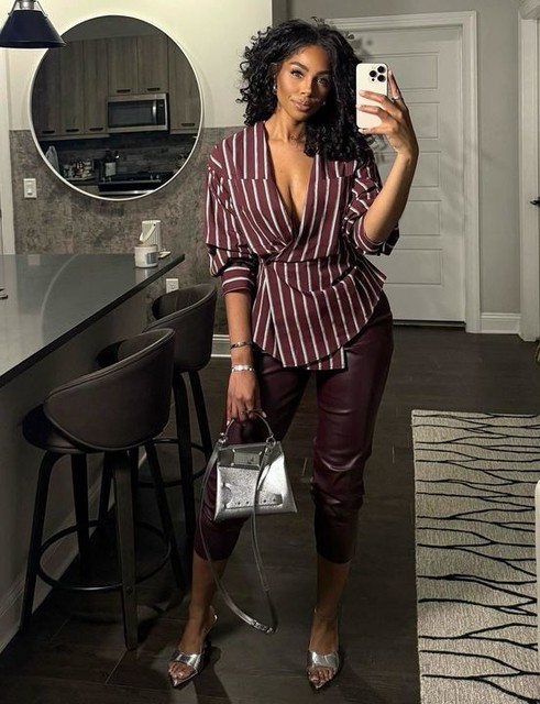 Topshop Asymmetric placket waisted long sleeve cinched shirt in burgundy stripe