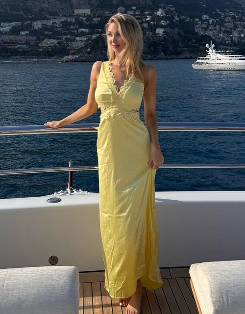 TFNC Petite Bridesmaid satin maxi dress with scalloped lace detail in lemon