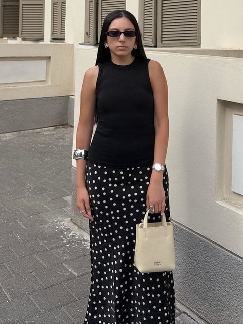 ASOS DESIGN satin bias maxi skirt in dot print