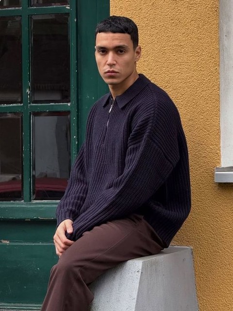 ASOS DESIGN oversized boxy fit heavyweight knit wool blend quarter zip sweater in navy