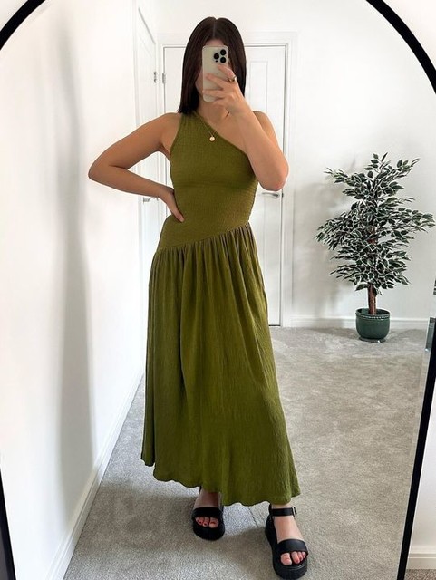 ASOS DESIGN crinkle shirred bodice one shoulder asym dropped waist midi dress in olive green