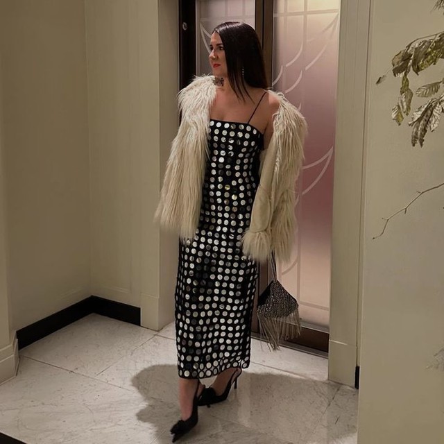 ARRANGE mirror embellished cami column midi dress in black