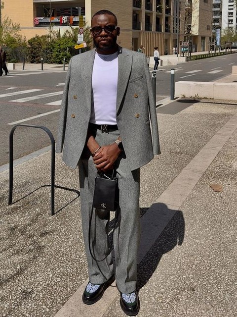 ASOS DESIGN heavy weight double breasted slim suit jacket in grey