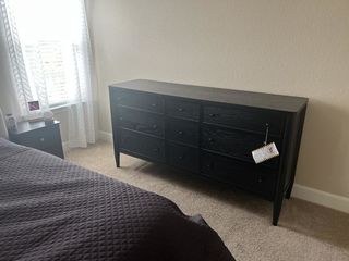 sachin and babi light blue dress IKEA HEMNES 8-drawer dresser in the stylish dark gray stain finish. This  solid wood piece offers tons of storage and a clean, modern farmhouse look.  All drawers work perfectly and it's in main image 1