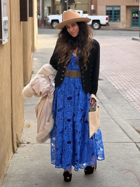 ARRANGE cutwork lace drop waist ruffle detail midi dress with tie back in cobalt blue