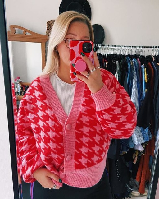 Pink Dogtooth Pattern Cardigan | Women 