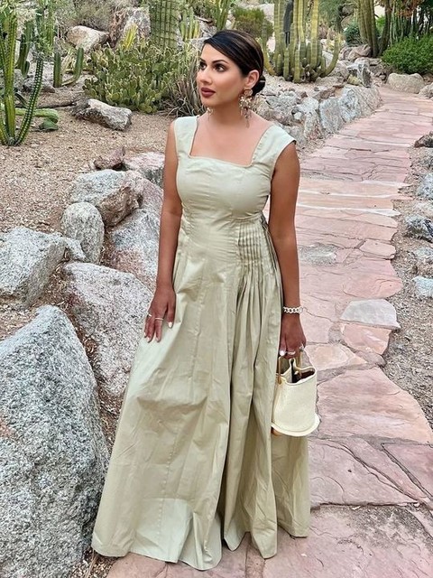 ASOS DESIGN scoop neck pleat waist midi dress in putty