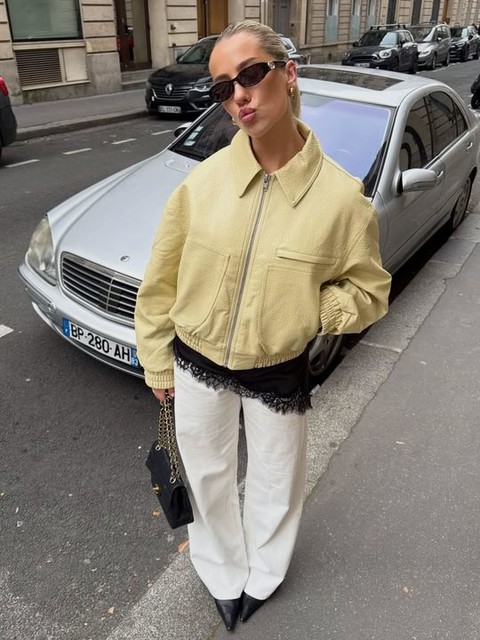 Topshop faux bubble leather cropped bomber jacket in buttermilk