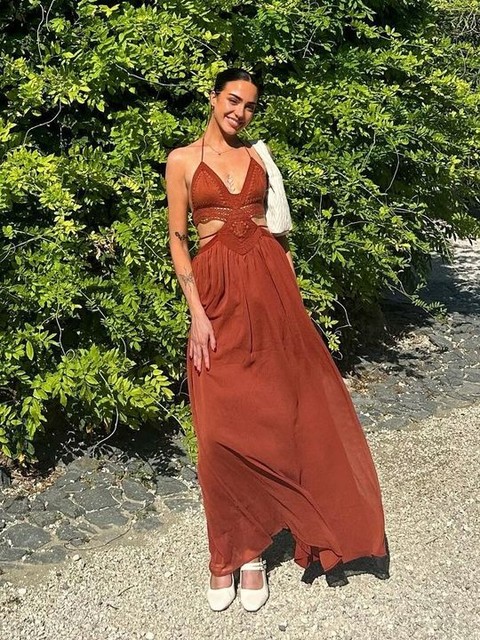 ASOS DESIGN crochet and faux suede bust tiered maxi dress with cut out in rust