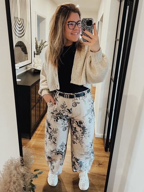 ASOS DESIGN barrel leg trousers in taupe floral print