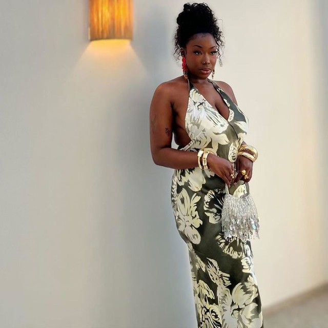 ASOS DESIGN satin plunge front strappy back maxi dress with thigh split in overscale floral 