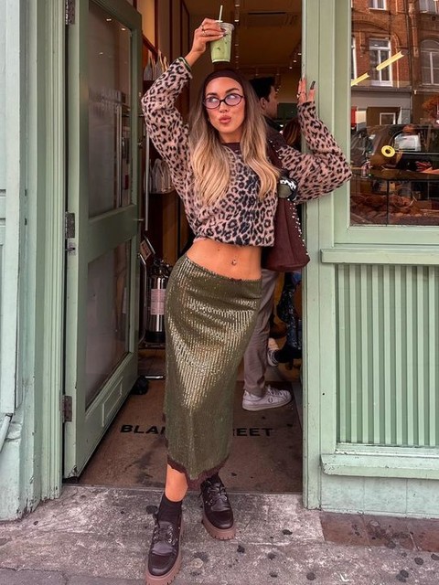 Reclaimed Vintage sequin midi skirt with contrast lace trim in olive green