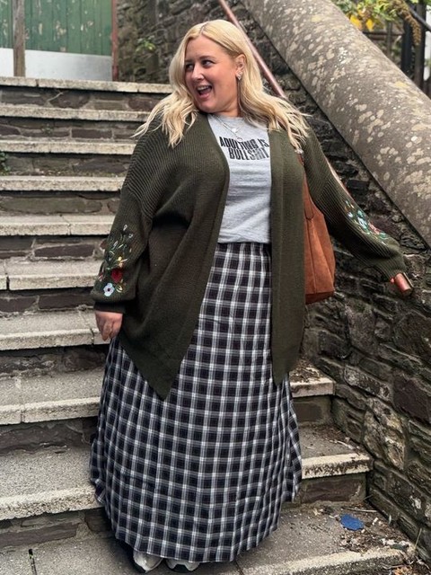 ONLY Curve tiered maxi skirt in black gingham checks