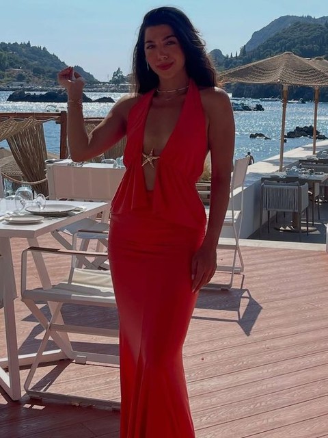 Fashionkilla double sculpted slinky starfish metal trim halterneck peplum top co-ord in orange
