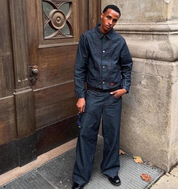 ASOS DESIGN co-ord harrington denim jacket in dark rinse wash with red stitch 