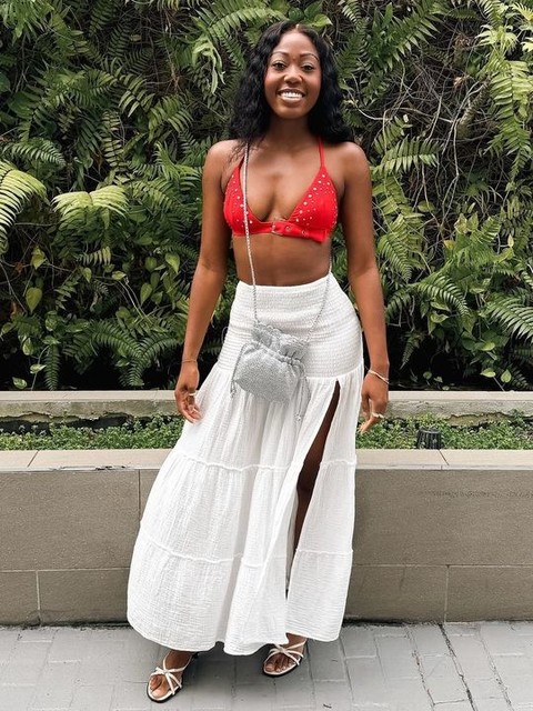 Bershka shirred waist tiered maxi skirt in white