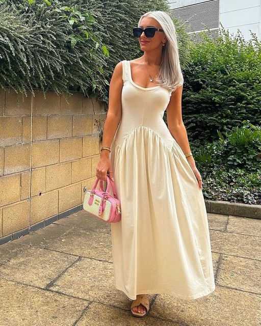 ASOS DESIGN ribbed bodice scoop with dipped waist detail midi dress in cream