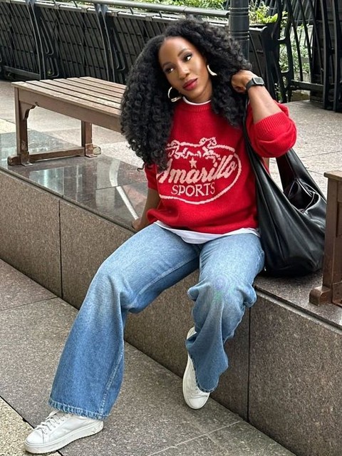 ASOS DESIGN super oversized knit sweater with Amarillo graphic in red