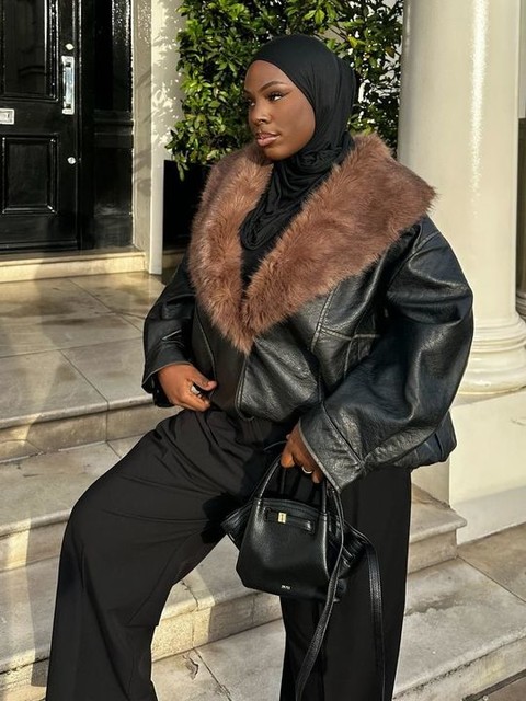 ASOS DESIGN leather look shawl collar faux fur collar bomber jacket in black