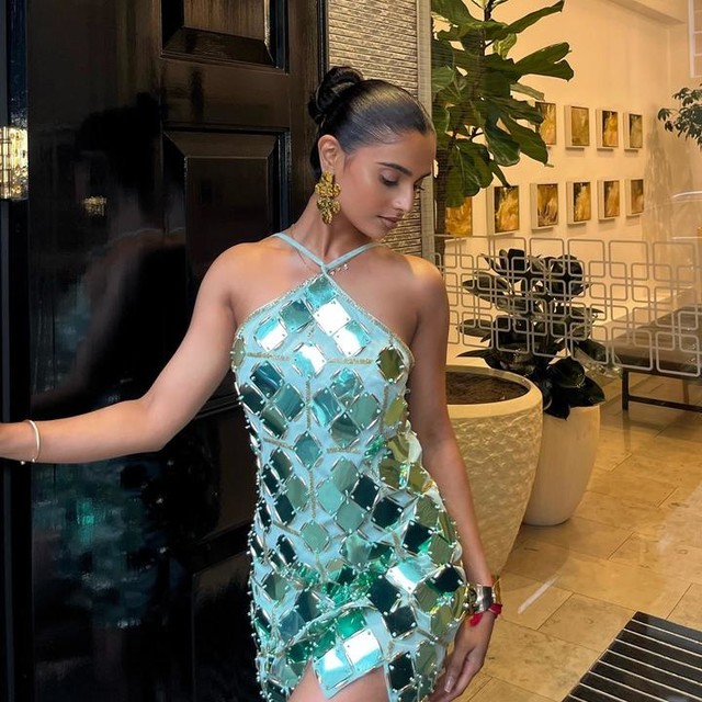 ASOS DESIGN grid embellished halter mini dress in green