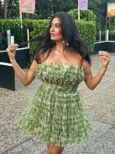 Lace & Beads Petite bandeau structured mini dress in olive floral