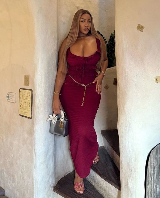 The Frolic exclusive textured frill detail lace up open back detail maxi dress in burgundy