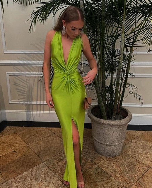 ASOS DESIGN draped plunge maxi dress with wrap detail in lime green