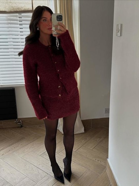 Topshop knitted tinsel cardigan in burgundy